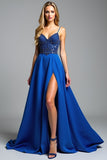 Spaghetti Straps Royal Blue A Line Beads Prom Dress with Slit