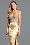 Golden Strapless Beads Sheath Prom Dress with Slit