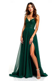 Dark Green Spaghetti Straps A Line Long Wedding Guest Dress with Slit