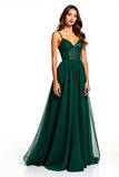 Dark Green Spaghetti Straps A Line Long Wedding Guest Dress with Slit