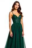 Dark Green Spaghetti Straps A Line Long Wedding Guest Dress with Slit