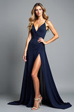 A Line Navy Spaghetti Straps Long Formal Dress with Slit