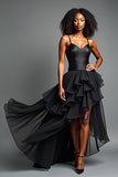 Black A Line Long Spaghetti  Straps Formal Dress with Ruffles