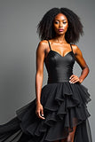 Black A Line Long Spaghetti  Straps Formal Dress with Ruffles