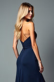 Navy Sheath Strapless Long Formal Dress with Slit