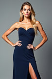 Navy Sheath Strapless Long Formal Dress with Slit