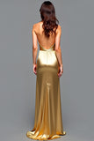 Sheath Golden Halter Pleated Long Prom Dress with Slit