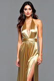 Sheath Golden Halter Pleated Long Prom Dress with Slit