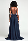 A Line Navy Spaghetti Straps Long Wedding Guest Dress