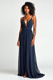 A Line Navy Spaghetti Straps Long Wedding Guest Dress