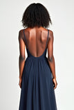 A Line Navy Spaghetti Straps Long Wedding Guest Dress