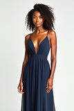 A Line Navy Spaghetti Straps Long Wedding Guest Dress