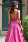 Fuchsia Spaghetti Straps Sheath Prom Dress with Slit