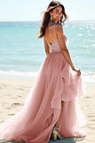 Blush Spaghetti Straps Tulle Long Wedding Guest Dress with Ruffles