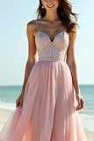 Blush Spaghetti Straps Tulle Long Wedding Guest Dress with Ruffles