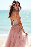 Blush Spaghetti Straps Tulle Long Wedding Guest Dress with Ruffles