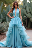 Blue Halter Long A Line Ruffled Cut Out Long Prom Dress