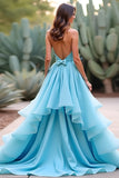 Blue Halter Long A Line Ruffled Cut Out Long Prom Dress