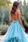 Blue Halter Long A Line Ruffled Cut Out Long Prom Dress