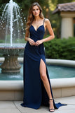 Navy Open Back Spaghetti Straps Long Wedding Guest Dress with Slit