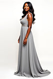 Grey Open Back V-Neck Long Wedding Guest Dress