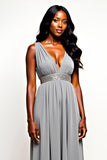 Grey Open Back V-Neck Long Wedding Guest Dress