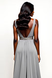 Grey Open Back V-Neck Long Wedding Guest Dress