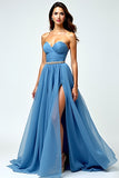 Grey Blue Chiffon Long Sweetheart A Line Prom Dress with Slit