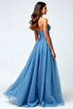 Grey Blue Chiffon Long Sweetheart A Line Prom Dress with Slit