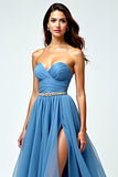 Grey Blue Chiffon Long Sweetheart A Line Prom Dress with Slit