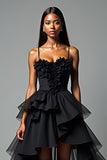 A Line Spaghetti Straps Ruffled Tiered Black Tie Dress