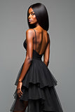 A Line Spaghetti Straps Ruffled Black Tie Dress With Slit