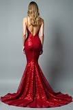 Mermaid Sparkly Red Spaghetti Straps Long Prom Dress