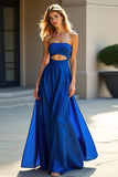 Royal Blue Satin Strapless A-Line Cut Out Long Wedding Guest Dress