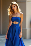 Royal Blue Satin Strapless A-Line Cut Out Long Wedding Guest Dress