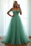 Green Off The Shoulder A Line Long Prom Dress with Lace