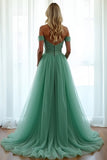 Green Off The Shoulder A Line Long Prom Dress with Lace