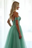 Green Off The Shoulder A Line Long Prom Dress with Lace