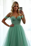 Green Off The Shoulder A Line Long Prom Dress with Lace