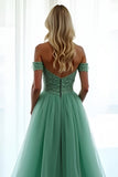 Green Off The Shoulder A Line Long Prom Dress with Lace