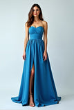 Blue Satin Strapless A-Line Ruched Long Wedding Guest Dress with Slit