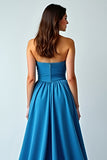 Blue Satin Strapless A-Line Ruched Long Wedding Guest Dress with Slit