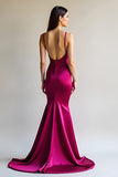 Fuchsia Mermaid Spaghetti Straps Long Satin Prom Dress