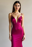 Fuchsia Mermaid Spaghetti Straps Long Satin Prom Dress