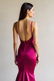 Fuchsia Mermaid Spaghetti Straps Long Satin Prom Dress