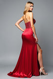 Sparkly Red Sweetheart Mermaid Long Satin Prom Dress with Slit