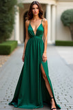 Satin Dark Green A Line Spaghetti Straps Prom Dress with Slit