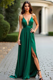 Satin Dark Green A Line Spaghetti Straps Prom Dress with Slit