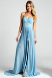 Blue Open Back Strapless A-Line Ruched Long Bridesmaid Dress with Slit