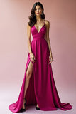 Fuchsia Backless Spaghetti Straps A Line Long Prom Dress with Slit